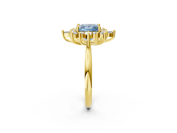 Yellow gold Fancy Blue Princess Cut Halo Diamond Cluster Ring with Marquise and Round Stones on a White Gold Band with Prong Setting