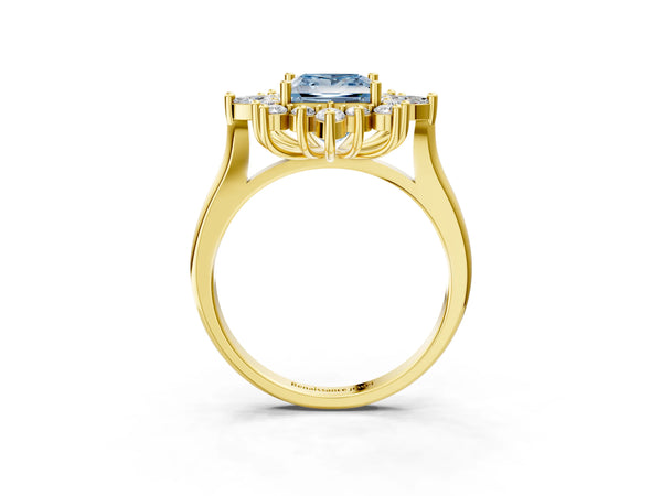 Yellow gold Fancy Blue Princess Cut Halo Diamond Cluster Ring with Marquise and Round Stones on a White Gold Band with Prong Setting