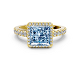 Yellow gold Fancy Blue Princess  Cut Halo Diamond Engagement Ring with Pave Band and Four-Prong Setting_28