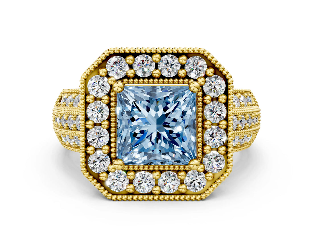 Yellow gold Fancy Blue Princess Cut Halo Diamond Engagement Ring with Pave Split Shank and Four-Prong Setting_12