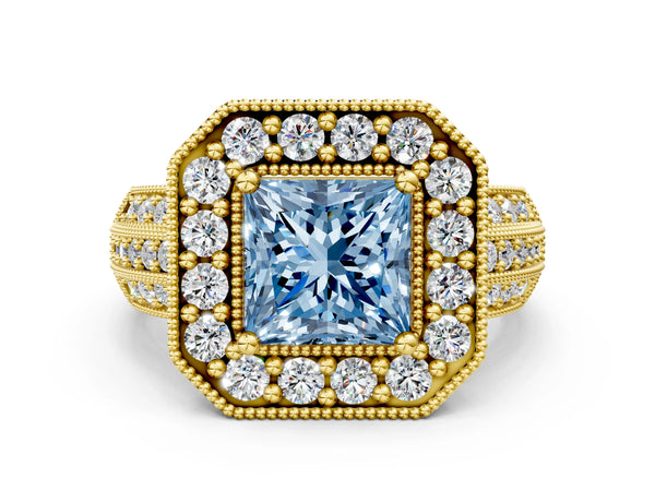 Yellow gold Fancy Blue Princess Cut Halo Diamond Engagement Ring with Pave Split Shank and Four-Prong Setting
