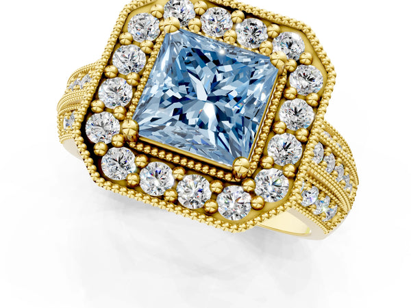 Yellow gold Fancy Blue Princess Cut Halo Diamond Engagement Ring with Pave Split Shank and Four-Prong Setting