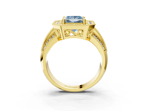 Yellow gold Fancy Blue Princess Cut Halo Diamond Engagement Ring with Pave Split Shank and Four-Prong Setting