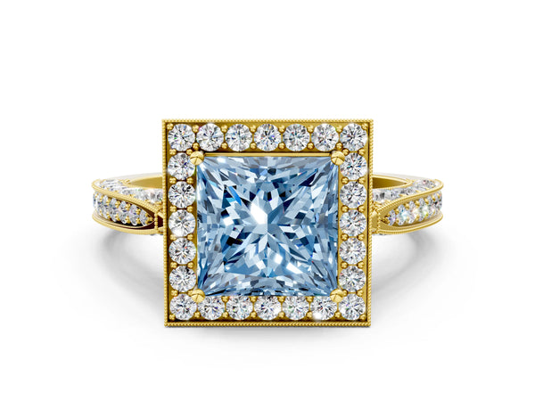 Yellow gold Fancy Blue Princess Cut Halo Diamond Engagement Ring with Split Shank Band and Four-Prong Setting