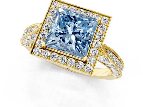 Yellow gold Fancy Blue Princess Cut Halo Diamond Engagement Ring with Split Shank Band and Four-Prong Setting