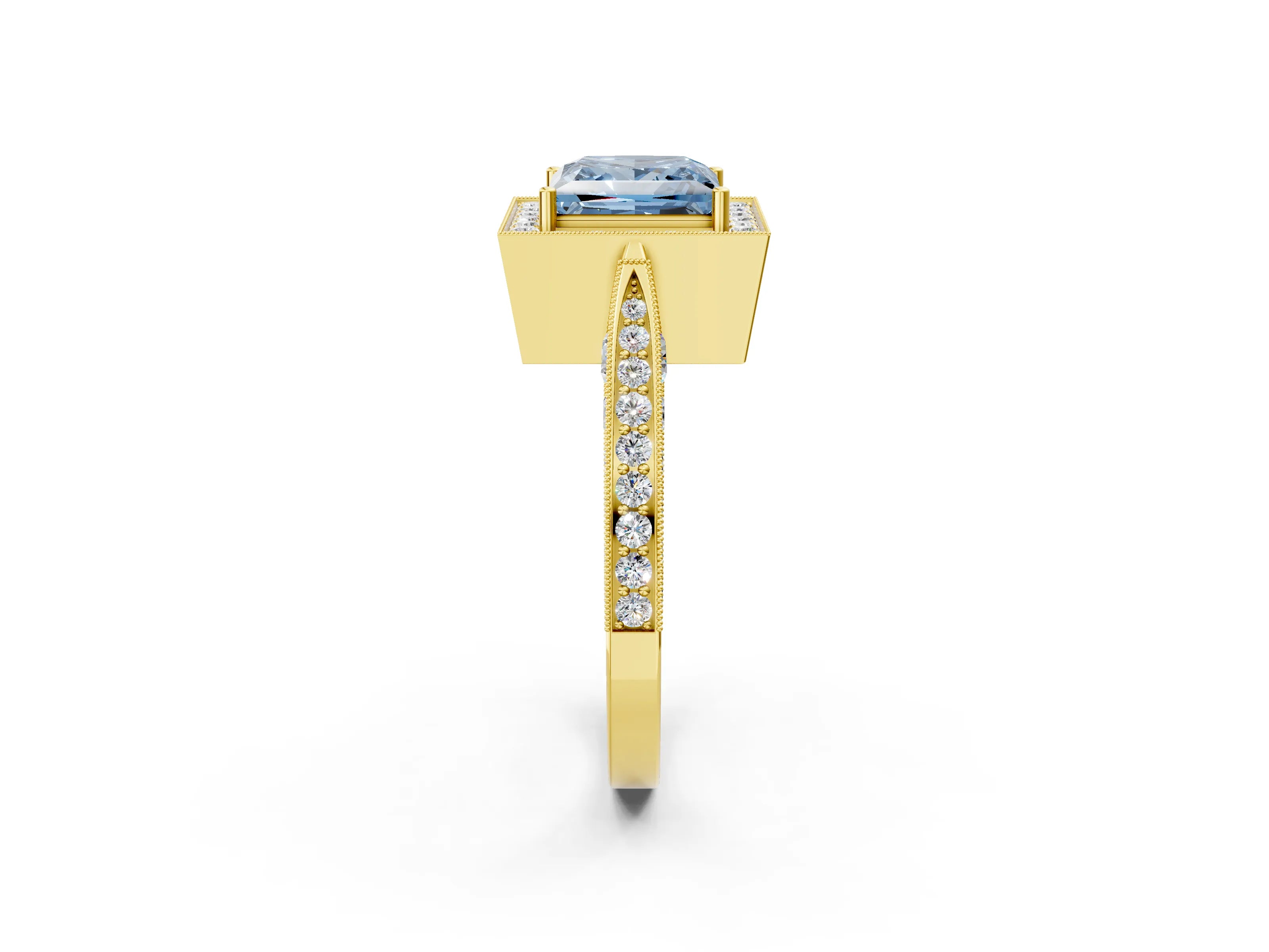 Yellow gold Fancy Blue Princess Cut Halo Diamond Engagement Ring with Split Shank Band and Four-Prong Setting_2
