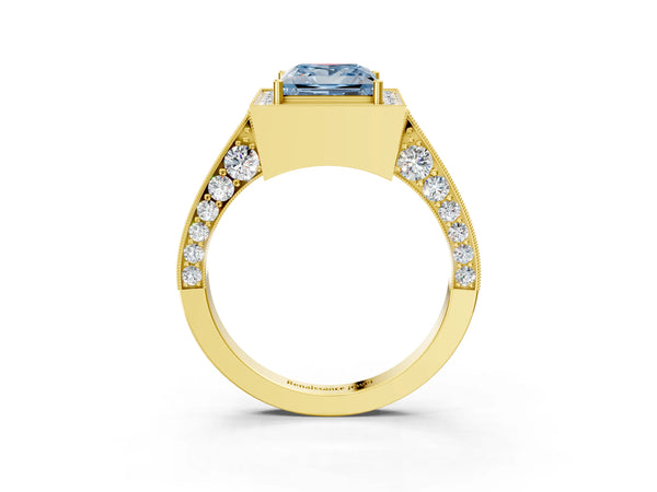 Yellow gold Fancy Blue Princess Cut Halo Diamond Engagement Ring with Split Shank Band and Four-Prong Setting