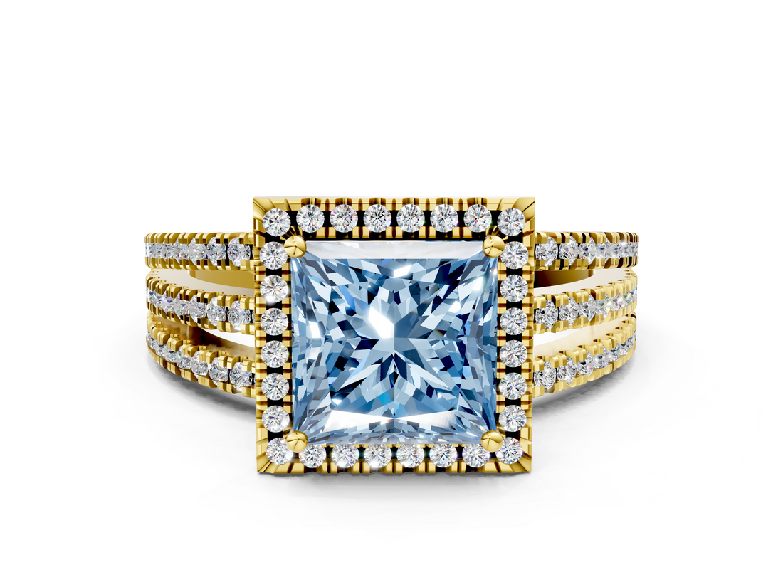 Yellow gold Fancy Blue Princess  Cut Halo Diamond Engagement Ring with Split Shank and Four-Prong Setting_20