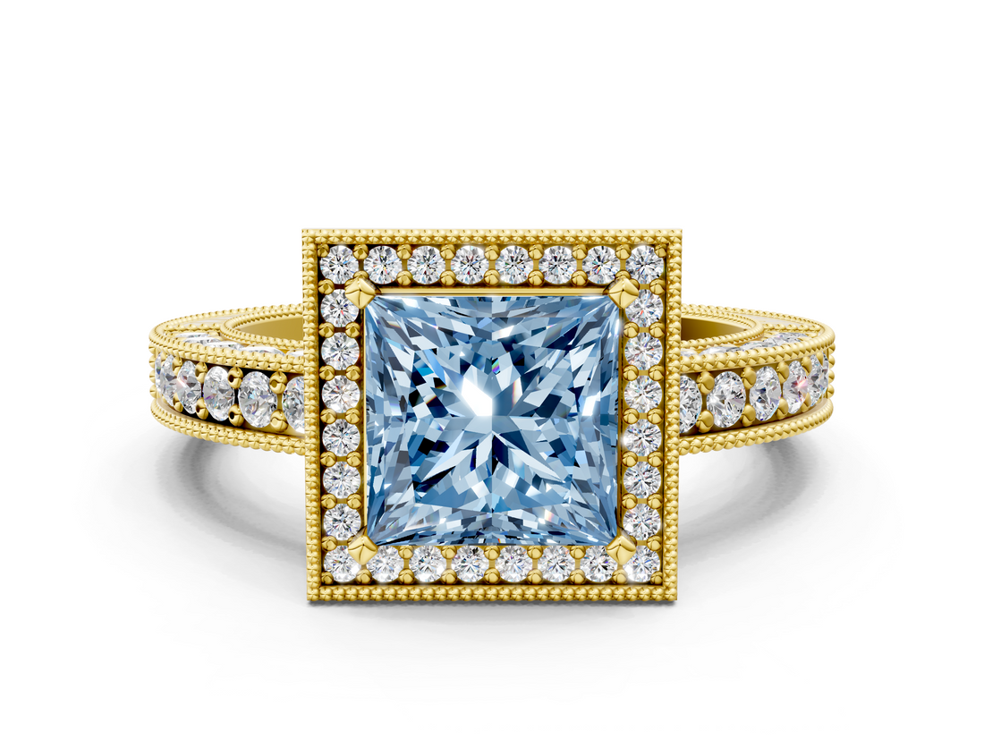 Yellow gold Fancy Blue Princess  Cut Halo Diamond Pave Band Ring with Four-Prong Setting_45