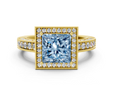 Yellow gold Fancy Blue Princess  Cut Halo Diamond Pave Band Ring with Four-Prong Setting_45