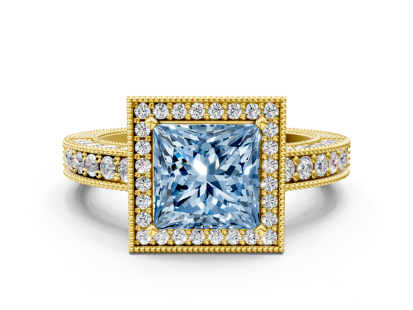 Yellow gold Fancy Blue Princess  Cut Halo Diamond Pave Band Ring with Four-Prong Setting