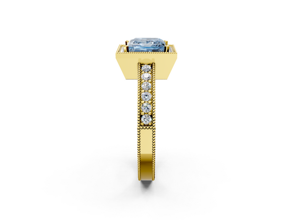 Yellow gold Fancy Blue Princess  Cut Halo Diamond Pave Band Ring with Four-Prong Setting