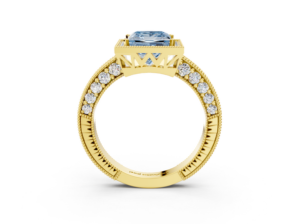 Yellow gold Fancy Blue Princess  Cut Halo Diamond Pave Band Ring with Four-Prong Setting