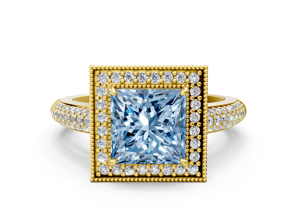 Yellow gold Fancy Blue Princess  Cut Halo Diamond Pave Band with Four-Prong Setting