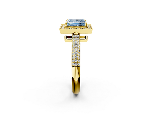 Yellow gold Fancy Blue Princess  Cut Halo Diamond Pave Band with Four-Prong Setting