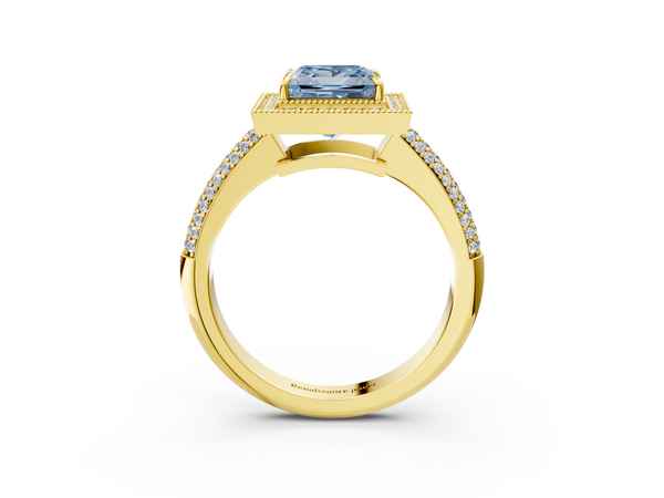 Yellow gold Fancy Blue Princess  Cut Halo Diamond Pave Band with Four-Prong Setting