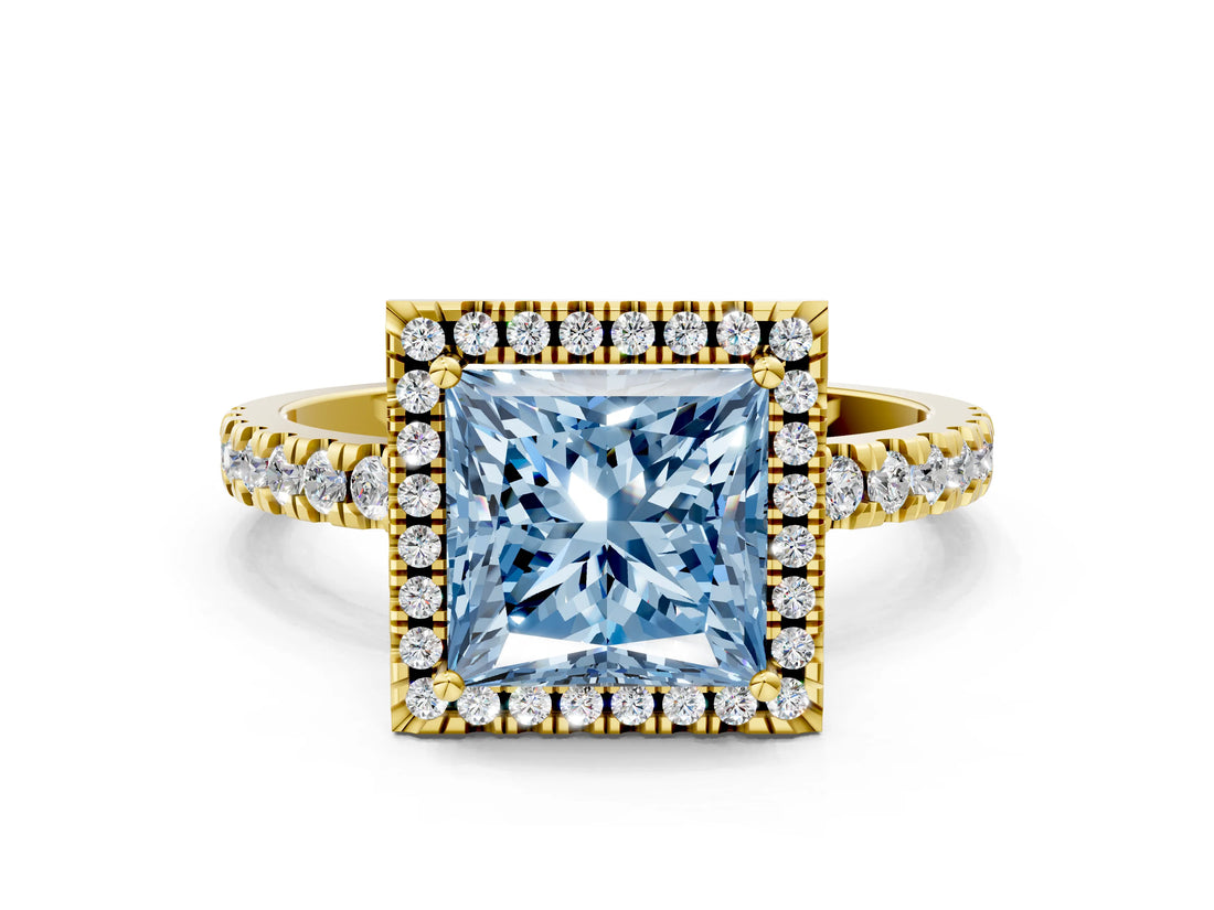 Yellow gold Fancy Blue Princess Cut Halo Diamond Pave Band with Prong Setting