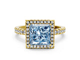 Yellow gold Fancy Blue Princess Cut Halo Diamond Pave Band with Prong Setting