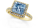 Yellow gold Fancy Blue Princess Cut Halo Diamond Pave Band with Prong Setting_1