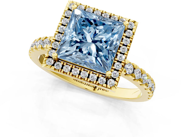 Yellow gold Fancy Blue Princess Cut Halo Diamond Pave Band with Prong Setting