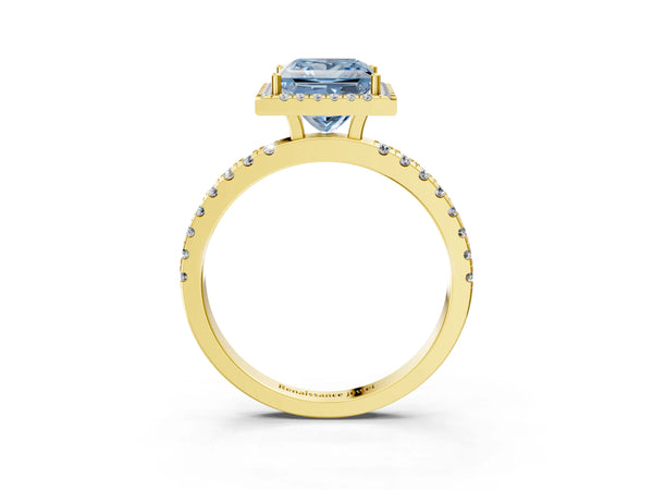 Yellow gold Fancy Blue Princess Cut Halo Diamond Pave Band with Prong Setting