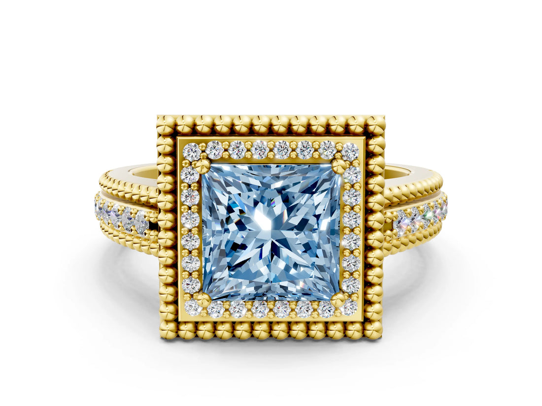 Yellow gold Fancy Blue Princess Cut Halo Diamond Ring with Beaded Split Shank and Four-Prong Setting