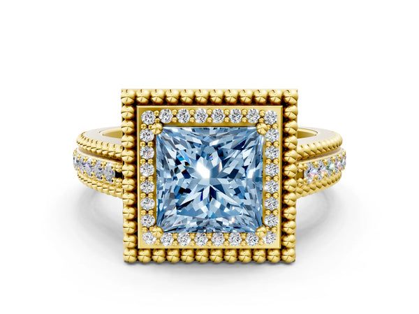Yellow Gold Princess Cut Beaded Halo Engagement Ring Setting for Fancy Blue Center with Pave