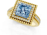 Yellow gold Fancy Blue Princess Cut Halo Diamond Ring with Beaded Split Shank and Four-Prong Setting_1