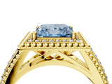 Yellow gold Fancy Blue Princess Cut Halo Diamond Ring with Beaded Split Shank and Four-Prong Setting_4