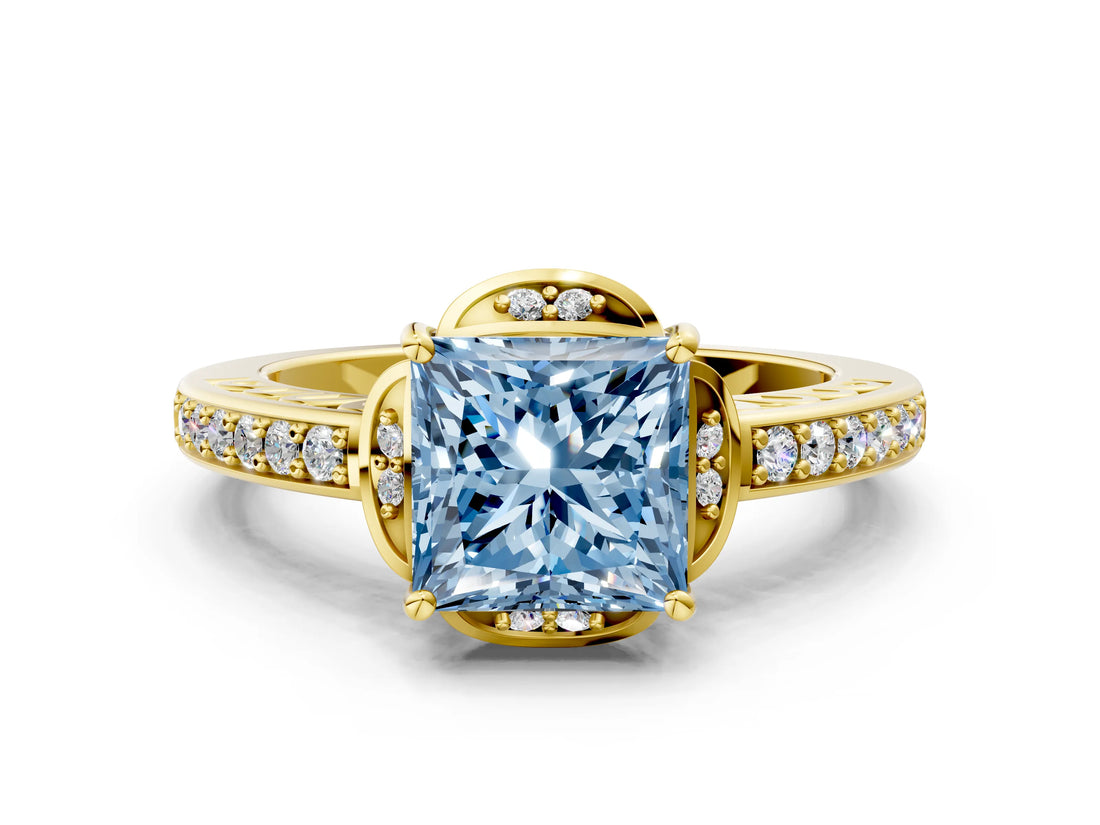 Yellow gold Fancy Blue Princess  Cut Halo Diamond Ring with Channel Set Band and Four-Prong Setting_29