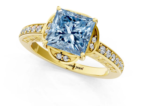 Yellow gold Fancy Blue Princess  Cut Halo Diamond Ring with Channel Set Band and Four-Prong Setting