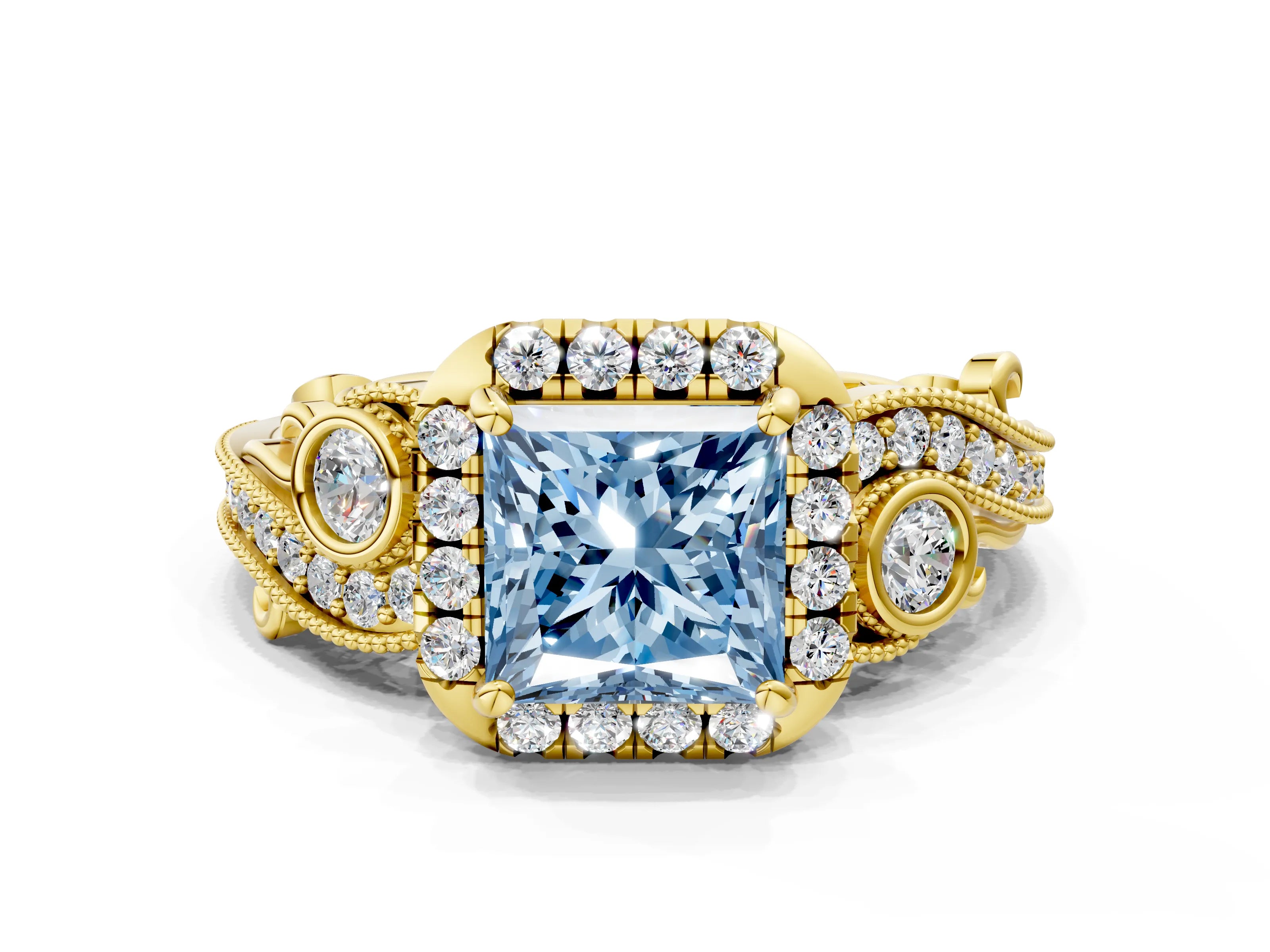 Yellow gold Fancy Blue Princess Cut Halo Diamond Ring with Milgrain and Bezel Accents on a Split Shank Band