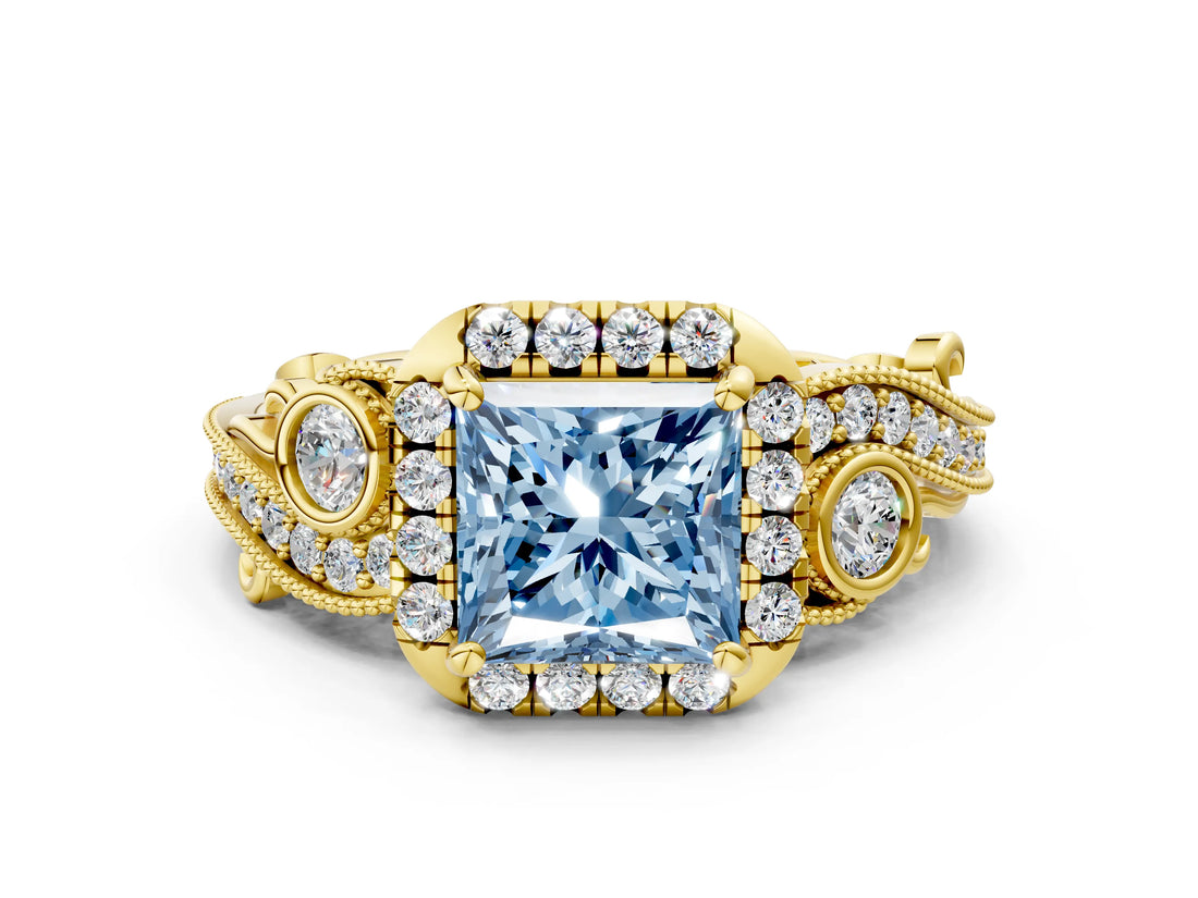 Yellow gold Fancy Blue Princess Cut Halo Diamond Ring with Milgrain and Bezel Accents on a Split Shank Band_13
