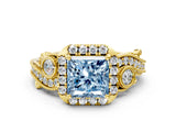 Yellow gold Fancy Blue Princess Cut Halo Diamond Ring with Milgrain and Bezel Accents on a Split Shank Band_13