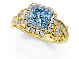 Yellow gold Fancy Blue Princess Cut Halo Diamond Ring with Milgrain and Bezel Accents on a Split Shank Band_14