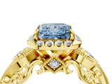 Yellow gold Fancy Blue Princess Cut Halo Diamond Ring with Milgrain and Bezel Accents on a Split Shank Band_17