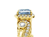Yellow gold Fancy Blue Princess Cut Halo Diamond Ring with Milgrain and Bezel Accents on a Split Shank Band_18