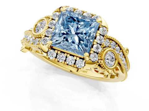 Yellow gold Fancy Blue Princess Cut Halo Diamond Ring with Milgrain and Bezel Accents on a Split Shank Band_1