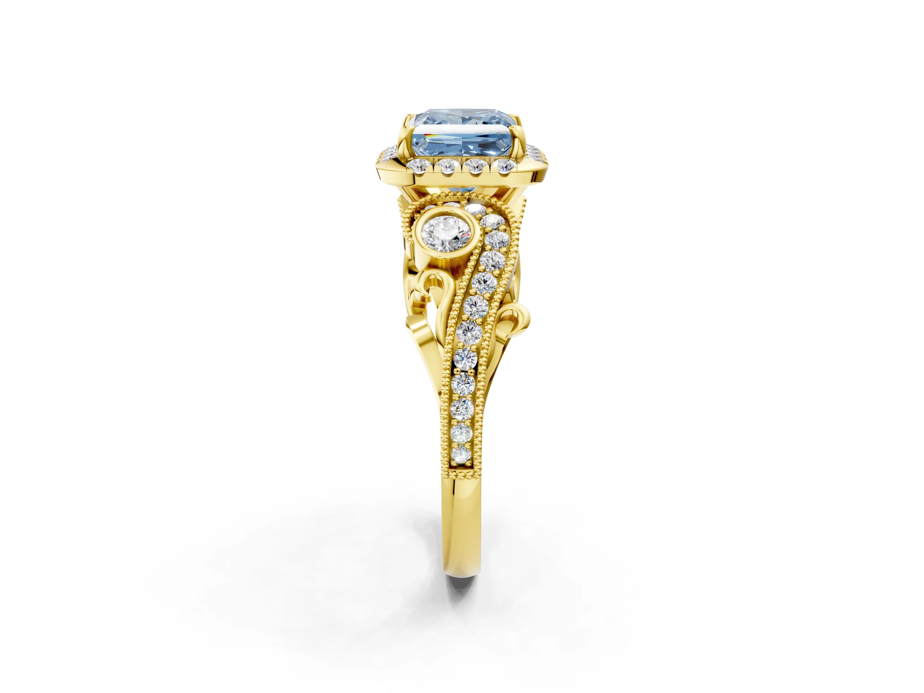 Yellow gold Fancy Blue Princess Cut Halo Diamond Ring with Milgrain and Bezel Accents on a Split Shank Band_2