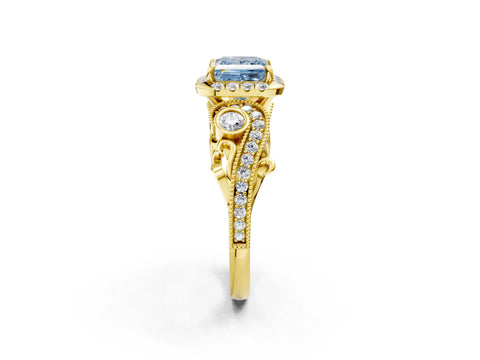 Yellow gold Fancy Blue Princess Cut Halo Diamond Ring with Milgrain and Bezel Accents on a Split Shank Band_2