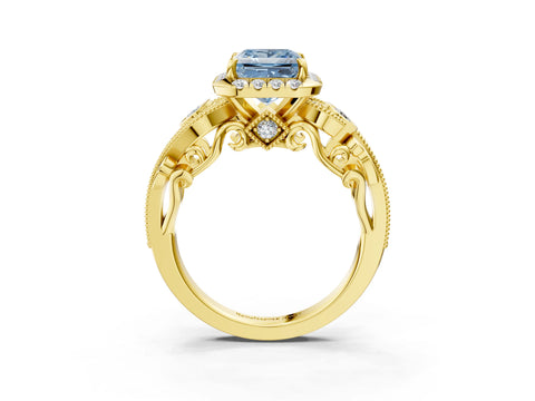 Yellow gold Fancy Blue Princess Cut Halo Diamond Ring with Milgrain and Bezel Accents on a Split Shank Band_3