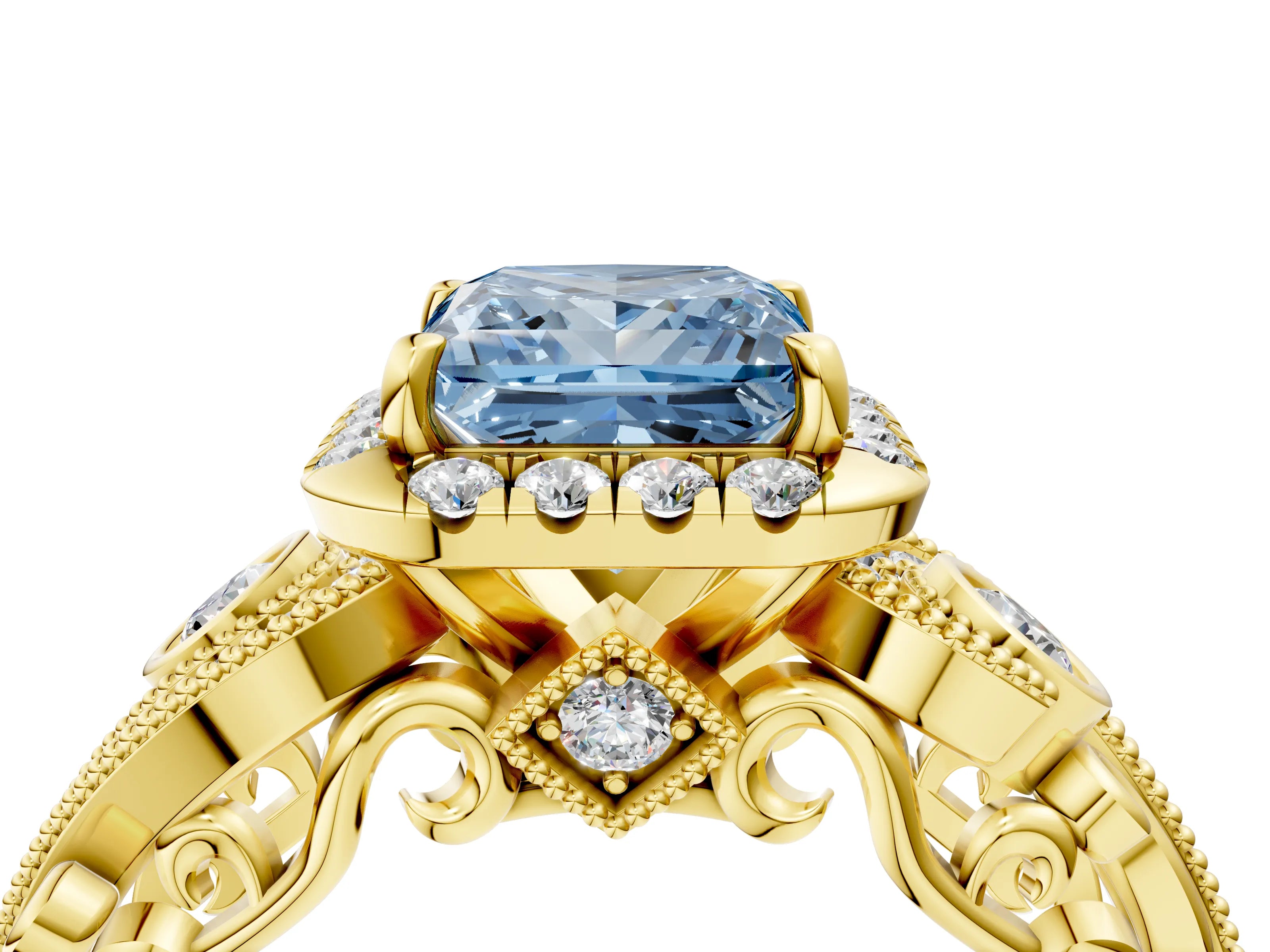 Yellow gold Fancy Blue Princess Cut Halo Diamond Ring with Milgrain and Bezel Accents on a Split Shank Band_4