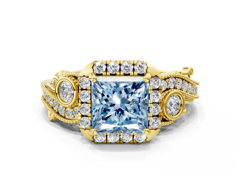 Yellow gold Fancy Blue Princess Cut Halo Diamond Ring with Milgrain and Bezel Accents on a Split Shank Band