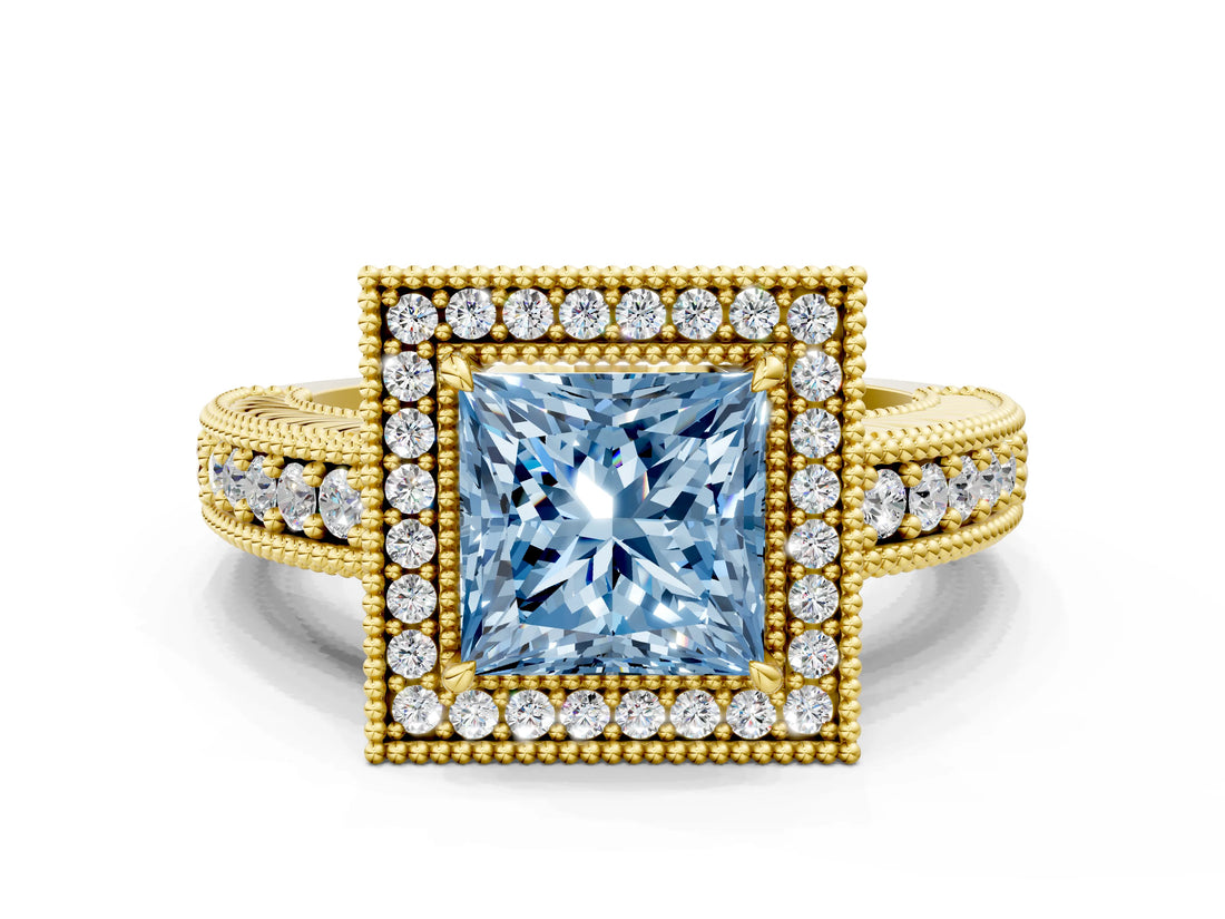 Yellow gold Fancy Blue Princess  Cut Halo Diamond Ring with Pavé Band and Four-Prong Setting_52