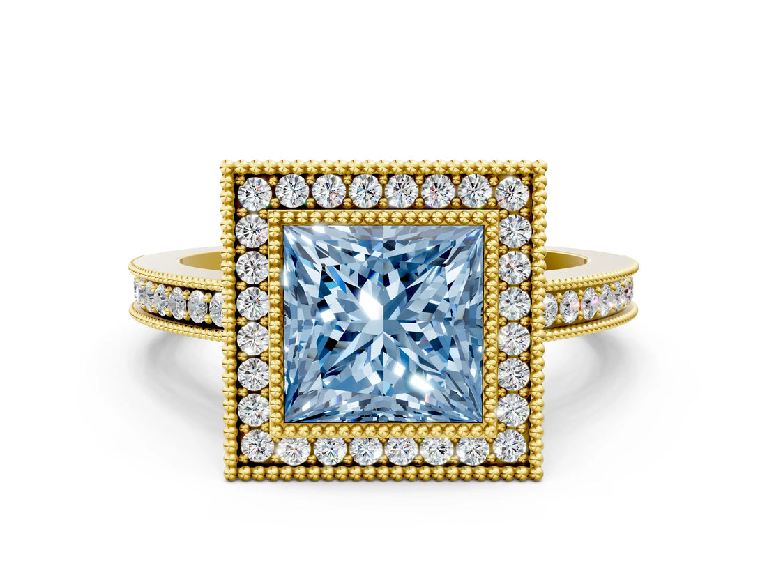 Yellow gold Fancy Blue Princess  Cut Halo Diamond Ring with Pavé Band and Milgrain Prong Setting_32