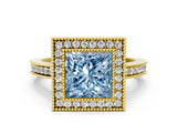 Yellow gold Fancy Blue Princess  Cut Halo Diamond Ring with Pavé Band and Milgrain Prong Setting_32