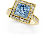 Yellow gold Fancy Blue Princess  Cut Halo Diamond Ring with Pavé Band and Milgrain Prong Setting_33