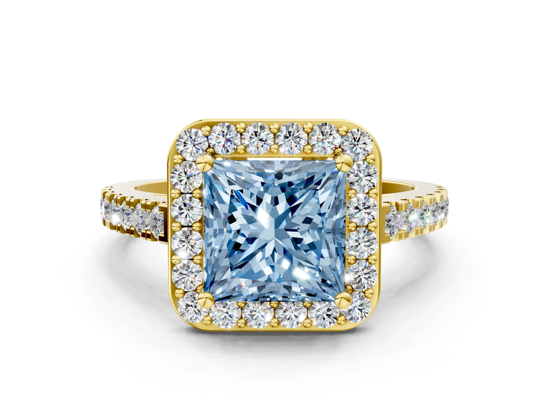 Yellow gold Fancy Blue Princess Cut Halo Diamond Ring with Pavé Band and Three-Prong Setting