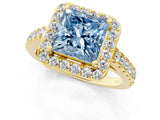 Yellow gold Fancy Blue Princess Cut Halo Diamond Ring with Pavé Band and Three-Prong Setting_1