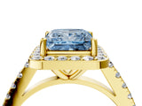 Yellow gold Fancy Blue Princess Cut Halo Diamond Ring with Pavé Band and Three-Prong Setting_4